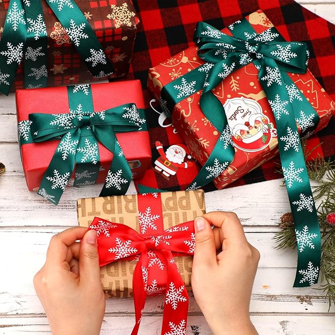 DECYOOL 4 Rolls 100 Yards Christmas Snowflake Ribbons for Gift Wrapping, 25mm Wide Red and Green Satin Ribbon for Festival Holiday Party Decorations DIY Crafts