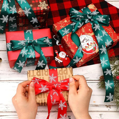 DECYOOL 4 Rolls 100 Yards Christmas Snowflake Ribbons for Gift Wrapping, 25mm Wide Red and Green Satin Ribbon for Festival Holiday Party Decorations DIY Crafts