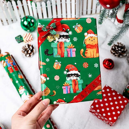 MAYPLUSS Christmas Wrapping Paper Roll - 17 Inch X 33 Feet - Green Cute Cat Christmas Hat Reversible Polka Dot Gift Wrapping Paper, Thick Wrap Paper for Holiday Party New Year Kids