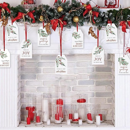 100 Pcs Merry Christmas Gift Tags Happy Holidays Paper Tag Watercolor Holly Xmas Hanging Label Tags with Hemp Rope for Xmas Season Gift Wrapping DIY Crafts, 4 Designs
