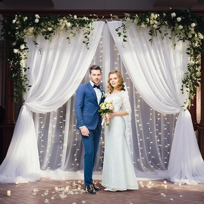 20x8ft White Tulle Backdrop Curtain with Lights String for Parites, Sheer Backdrop Curtains for Wedding Baby Shower Birthday Party Photo Shoot Decorations