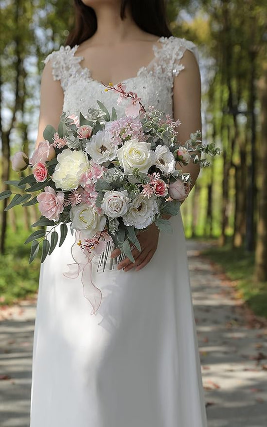 Artificial Flowers Combo Silk Mix Fake Flowers Leaf for DIY Wedding Bouquets Floral Centerpieces for Tables Party Baby Shower Home Decorations(Pink White)