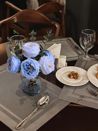 Forlaoers White Blue Roses Floral Artificial Flowers with Vase Silk Flower Arrangements in Fake Water Fake Flower Bouquet Centerpieces for Dining Center Table Decor Home Farmhouse Office Decorations