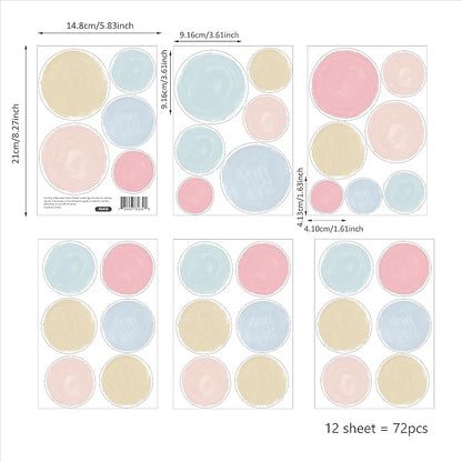 Colorful Polka Dot Wall Decals 72 PCS, Watercolor Dots Wall Sticker for Girls Bedroom Removable Wall Decals Nursery Kids Room Decor (12 Sheets)
