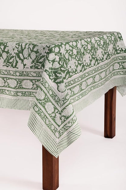 ATOSII Meraki Green 100% Cotton Spring Summer Tablecloth, Block Print Rectangle Table Cover - Dining, Parties, Outdoors, Weddings, Grand Millennial Decor 60 X 60 Inches I 4 Seater I