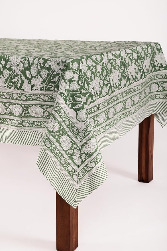 ATOSII Meraki Green 100% Cotton Fall Tablecloth, Handblock Print Rectangle Table Cover for Kitchen Dining Linen I Parties, Thanksgiving, Christmas, Wedding, Table Cloth I 72 X 120 Inches I 10 Seater
