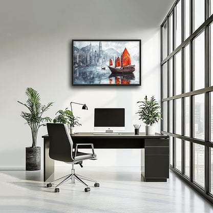 Cityscape Boat Large Wall Art Sailboat Pictures Wall Decor Coastal Canvas Ocean Nautical Print Painting Modern Artwork Home Decoration for Living Room Bathroom Bedroom Office Framed 24"x36"