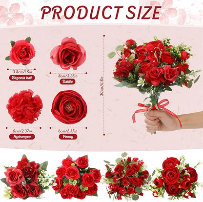 Zeyune 12 Bundles Artificial Peonies Flowers Artificial Silk Rose Faux Dahlia Fake Chamomile Hydrangea Bouquet Bulk for Vase Home Wedding Centerpiece Party Decoration(Red,Scarlet)