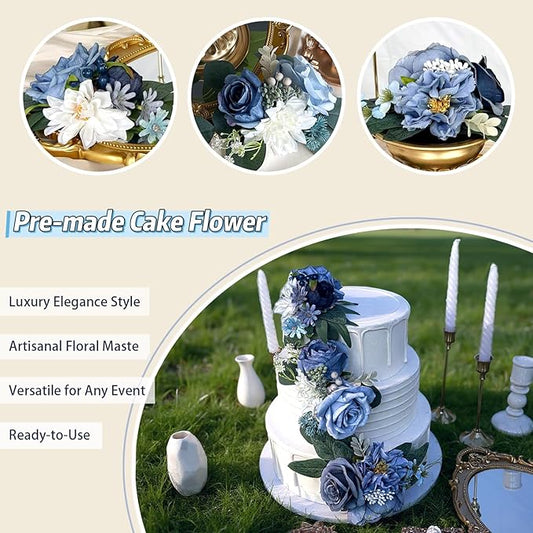Pre-Made Dusty Blue Silk Flowers for Cakes Decorations Navy Royal Blue Artificial Rose Peony Wedding Cake Toppers Decorating Fake Floral Anniversary Birthday Party Arrangements Table