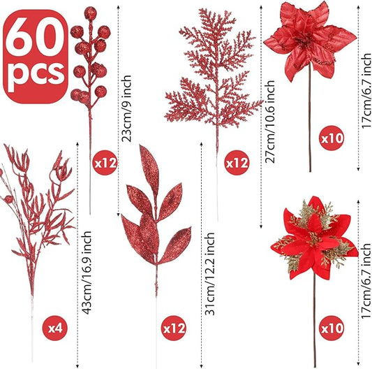 60 Pcs Christmas Glitter Branches 6 Styles Artificial Christmas Picks Berries Stems Poinsettia Flowers Pine Needles Floral Twig Spray for Xmas Tree Ornaments DIY Wreath Garland(Red)