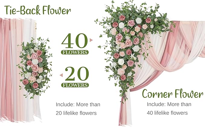 Wedding Arch Flowers with Drapes Kit (Pack of 5) - 2pcs Artificial Dusty Rose Deluxe Swag with 3pcs Hanging Sheer Drapes for Wedding Ceremony Arbor Reception Backdrop Rose Floral Decoration