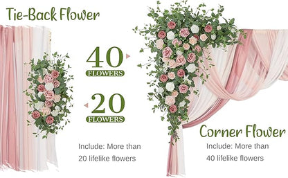 Wedding Arch Flowers with Drapes Kit (Pack of 5) - 2pcs Artificial Dusty Rose Deluxe Swag with 3pcs Hanging Sheer Drapes for Wedding Ceremony Arbor Reception Backdrop Rose Floral Decoration