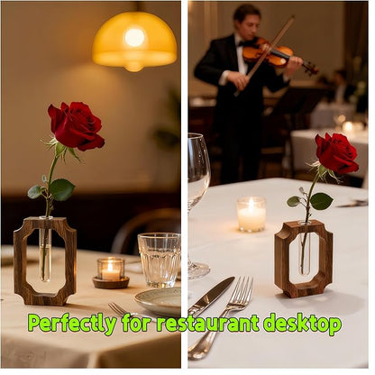 Solid Wood Frame Glass Tube Vase for Home Office Desktop Decor for Presents, Single Rose/Bud Vase, Wooden Centerpiece Vase Table for Restaurant Cafes Hotel(Small, Classic, 1 Pack)