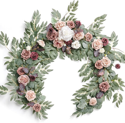 Ling's moment Pink Flower Garland - 6FT Eucalyptus & Rose - Sweetheart Table Decor for Wedding Reception, Artificial Floral Garland for Mantle, Christmas Decoration, Dusty Rose & Mauve
