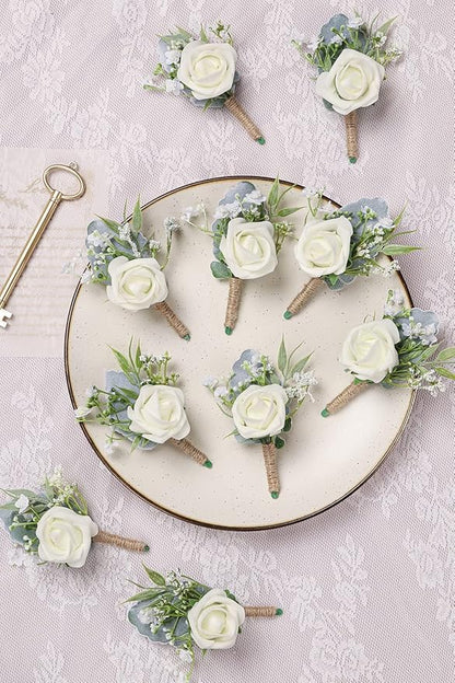 Rose Boutonnieres for Men Wedding Groom and Groomsmen White Boutonniere for Rustic Fall Vintage Wedding Prom Set of 10