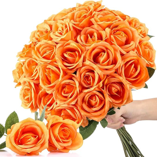 30 Pcs Rose Artificial Flowers in Bulk Real Touch Long Stem Silk Roses Bouquets Realistic Faux Flowers for Wedding Bridal Shower Home Decor Floral Arrangements Table Centerpiece(Orange)