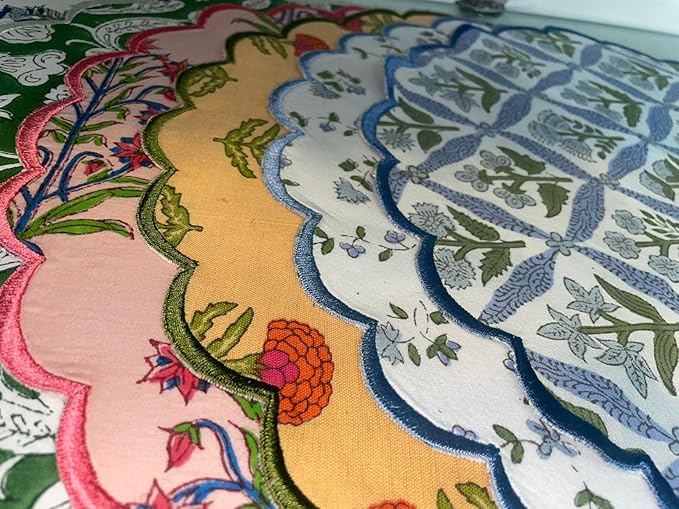 Ridhi Mix Bo-ho Round Place Mat Double Layer Floral Cotton Washable Placemats 15" Round Embroidery Block Print Table Mat Pack of 4-15 Inch Round