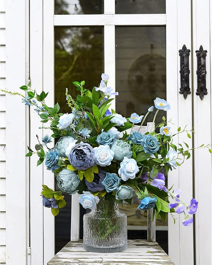 FiveSeasonStuff 12 Stems Artic ICY Blue Artificial Flowers Real Touch Silk Roses for Wedding Decoration, Packed in Gift Box