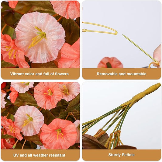 Artificial Fake Fall Mums Hanging Flowers Plants for Outdoor Decoration, 2 PCS Faux Silk Morning Glory Trailing Vines UV Resistant for Wall Home Porch Patio Party Decor (Fall Orange and Light Orange)