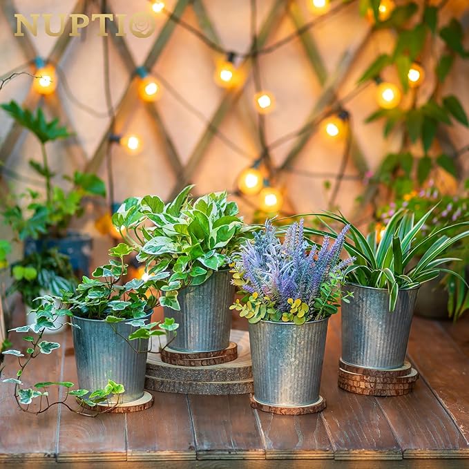 NUPTIO Rustic Galvanized Vases for Centerpiece: 12 Pcs 5" Small Ribbed Vases for Flowers Bulk Metal Bucket Planter Pots for Wedding Table Home Decor