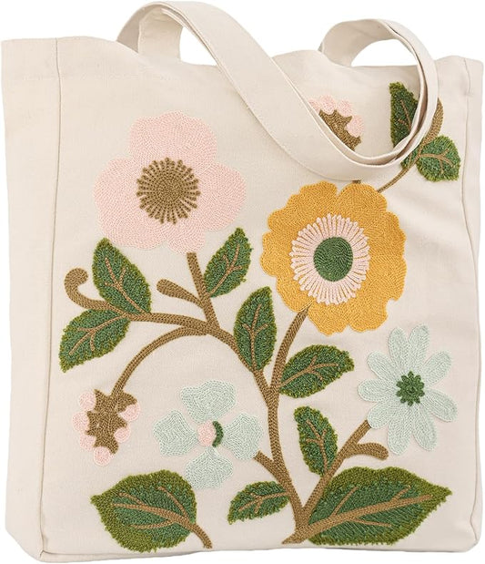 Aesthetic Embroidery Tote Bag for Lady Cute Reusable Canvas Shoulder Bag for Girls Women Shopping Grocery