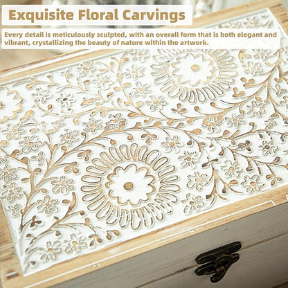 Set of 3 Decorative Wooden Boxes, Rustic Farmhouse Keepsake Box Decorative Boxes with Hinged Lid and Floral Carved Design, Wood Storage Box for Home Decor, White