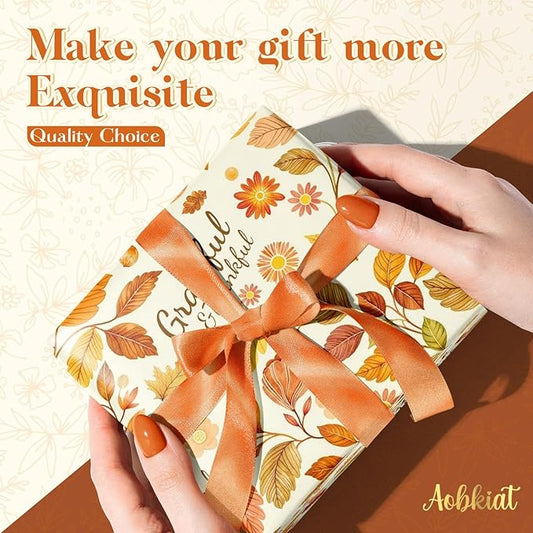 Aobkiat Fall Thanksgiving Tissue Paper for Gift Bags,24 Sheets Pumpkin Maple Leaf Design Paper,Orange Wrapping Craft Paper for DIY, Autumn Harvest Present Packaging,15 x 20 Inch