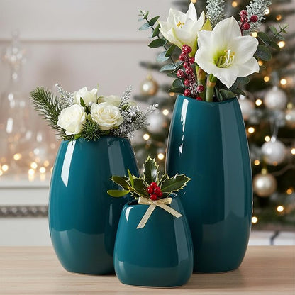 hjn Ceramic Vase Set of 3 Teal Flower Vase for Home Decor, Modern Decorative Vase for Flowers Vases for Your Ideal Shelf Decor/Table/Living Room/Kitchen/Office-Teal