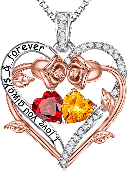 Iefil Rose Heart Double Birthstone Necklace Gifts for Wife Her Mom Women, Birthstone Jewelry Gemstone Birthday Gifts for Girlfriend Grandma Her Wife Women