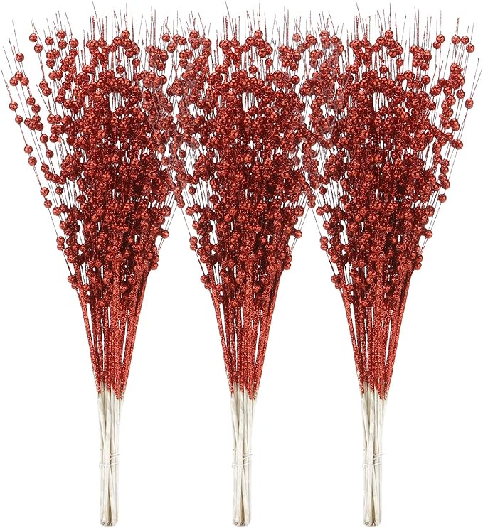 Sea Team 24-Pack Artificial Glitter Berry Stem Ornaments, Decorative Bead Sticks, Glittery Twigs, Picks, Branches for Christmas Tree, Small Vase, Holiday, Wedding, Party (17 Inches, Red)