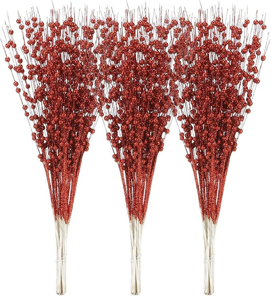 Sea Team 24-Pack Artificial Glitter Berry Stem Ornaments, Decorative Bead Sticks, Glittery Twigs, Picks, Branches for Christmas Tree, Small Vase, Holiday, Wedding, Party (17 Inches, Red)