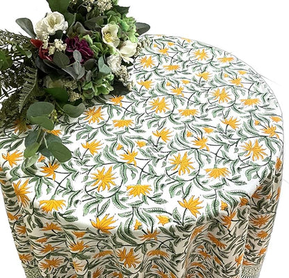 ATOSII Noor 100% Cotton Round Tablecloth, Handblock Print Floral Table Cloth for Kitchen Dining Linen I Parties, Weddings, Outdoors, Spring Summer Decor I 90" Inches Round