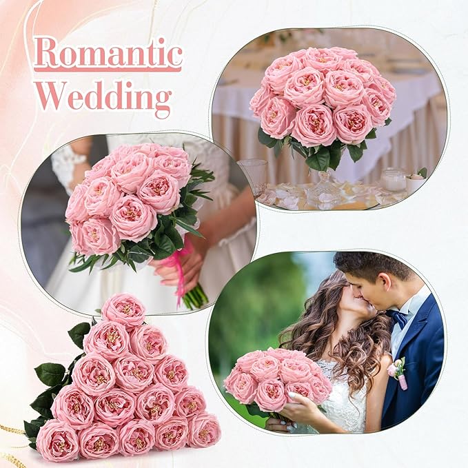 Giegxin 20 Pcs Real Touch Peonies Austin Roses Artificial Flowers, Faux Look Real Long Stems Fake Flower with Big Blooms for Christmas Valentines Wedding Party DIY Arrangement Home Decor(Pink)