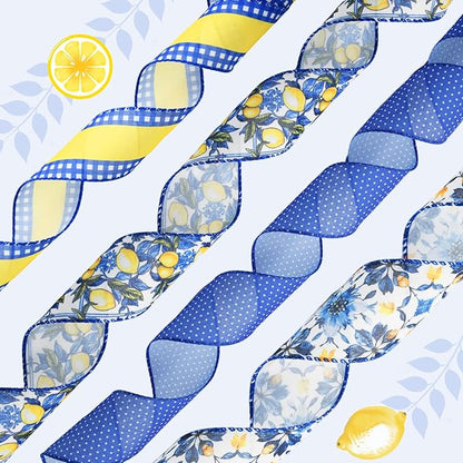 4 Rolls Lemon Wired Edge Ribbon - 2.5 Inch Wide, 20 Yards Total, Summer Yellow Lemon Print Wired Edge Set, Fashionable Grosgrain Craft Ribbon for Gift Wrapping, Hair Bundles, Party Decorations