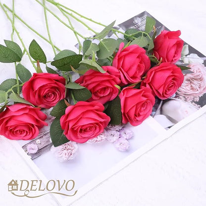 52pcs Hot Pink Roses Artificial Flowers Fake Flowers Silk Roses with Stems for DIY Wedding Bouquets Bridal Shower Centerpieces Arrangements Party Decorations