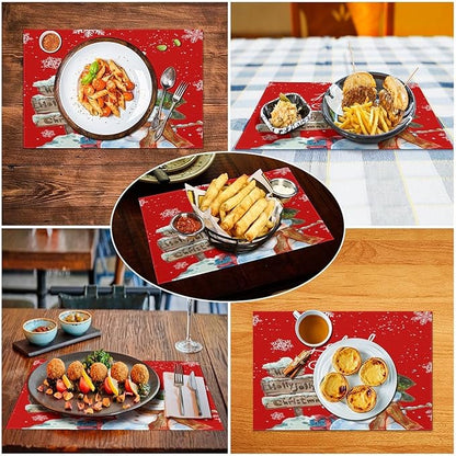 Santa Claus Placemats Red Country Farmhouse Winter Christmas Snowflake Cute Snowman Placemats Table Kitchen Dining Party 12x18 Inch Set of 6
