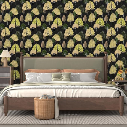 Forest Wallpaper Peel and Stick, Back/Green/Yelllow Trees Contact Paper,Abstract Woodland Landscape Wall Mural Self Adhesive Waterproof Removable for Bathroom Shelves Cabinet Drawer Table 17.5" x 118"