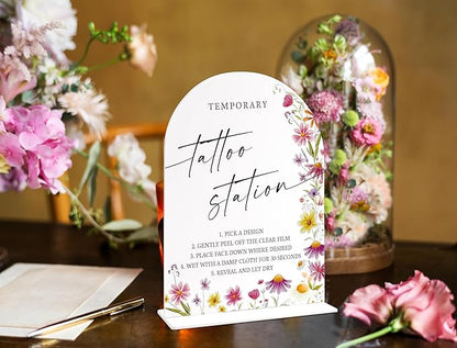 Temporary Tattoo Station Sign for Wedding Table Decor, Wild Flower Arch Acrylic Wedding Signs for Reception, Floral Bridal Shower Engagement Party Decorations for Love Is In Bloom
