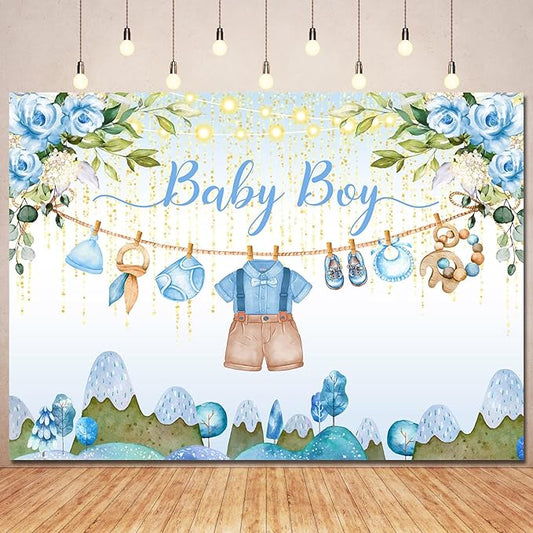 Blue Floral Baby Shower Backdrop Banner Decorations for Boy,Oh Baby Boy Outfit Backdrops Banner Watercolor Flower Photography Background for Baby Shower Party Supplies Photo Booth Props 8x6ft