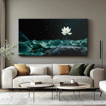 Iallbin Buddha Wall Art & Zen Wall Decor, White Lotus on Water Canvas Painting - for Yoga Meditation Room, Spa & Bathroom, Blue Art Deco Style, 58x29 Inches