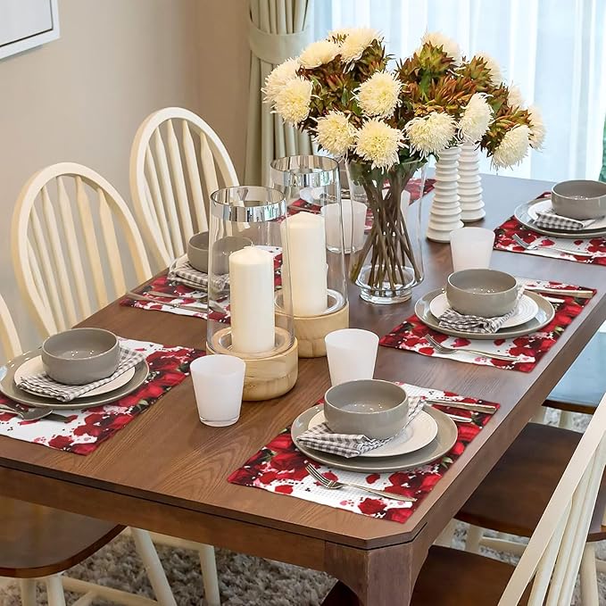 Rose Linen Table Placemats Set of 6 Romantic Red Flowers Place Mats for Home Party Kitchen Indoor Holiday Rustic Washable Heat Resistant Table Mats 12 x 18 Inch