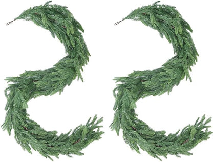 2 Pcs 6 Ft Artificial Norfolk Pine Christmas Garlands for Holiday Indoor Outdoor Decor，Real Touch Pine Garlands，Artificial Greenery Garland for Home Dining Table，Mantel，Wall Porch Christmas Decor. ﻿
