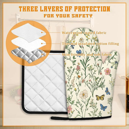 Wildflowers Oven Mitts and Pot Holders,Vintage Garden Plants Herb Flower Botanical Heat Resistant Oven Mitts Gloves and Pot Holder for Home Kitchen Decorations Cooking Baking BBQ Gifts,Set of 4
