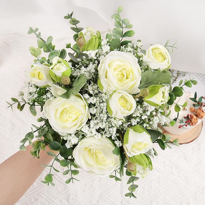 DEEMEI Artificial Babys Breath Flowers Silk White Peony Roses Eucalyptus Leaves Wedding Bridal Bouquets for Table Centerpieces (2 Bundles)