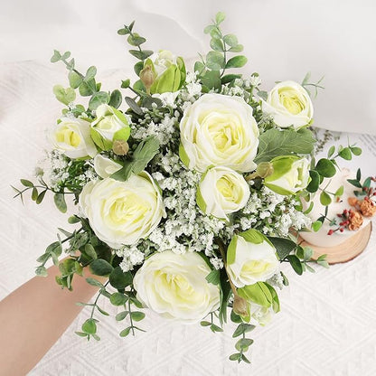 DEEMEI Artificial Babys Breath Flowers Silk White Peony Roses Eucalyptus Leaves Wedding Bridal Bouquets for Table Centerpieces (2 Bundles)
