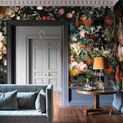 Zeeko Dark Floral Wallpaper Peel and Stick 148" W x 98" H Waterproof Canvas Fabric Vintage Moody Large Wall Mural Self Adhesive Removable Wall Paper for Bedroom Living Room Art Deco