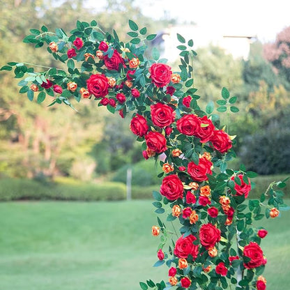 6FT Bendable Flower Garland, Artificial Rose Vine Hanging Floral Garland Decoration for Weding Home Room Wall Decor (Red, 2pcs)