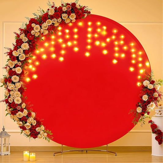 7.2 FT Red Round Backdrop Cover with Lights String for Circle Arch Stand Circle Backdrop Covers with LED Fairy Lights for Wedding Arch Baby Shower Birthday Party Photo Shoot Photography Background