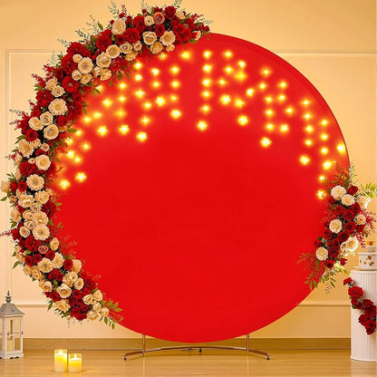 6.6 FT Red Round Backdrop Cover with Lights String for Circle Arch Stand Circle Backdrop Covers with LED Fairy Lights for Wedding Arch Baby Shower Birthday Party Photo Shoot Photography Background