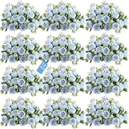 Peonies Artificial Flowers 12 Bundles Pink Flowers Bouquet, Lifelike Silk Fake Peonies with Stems for Home Table Centerpieces, Wedding, Party & DIY Bridal Floral Arrangements (Blue)